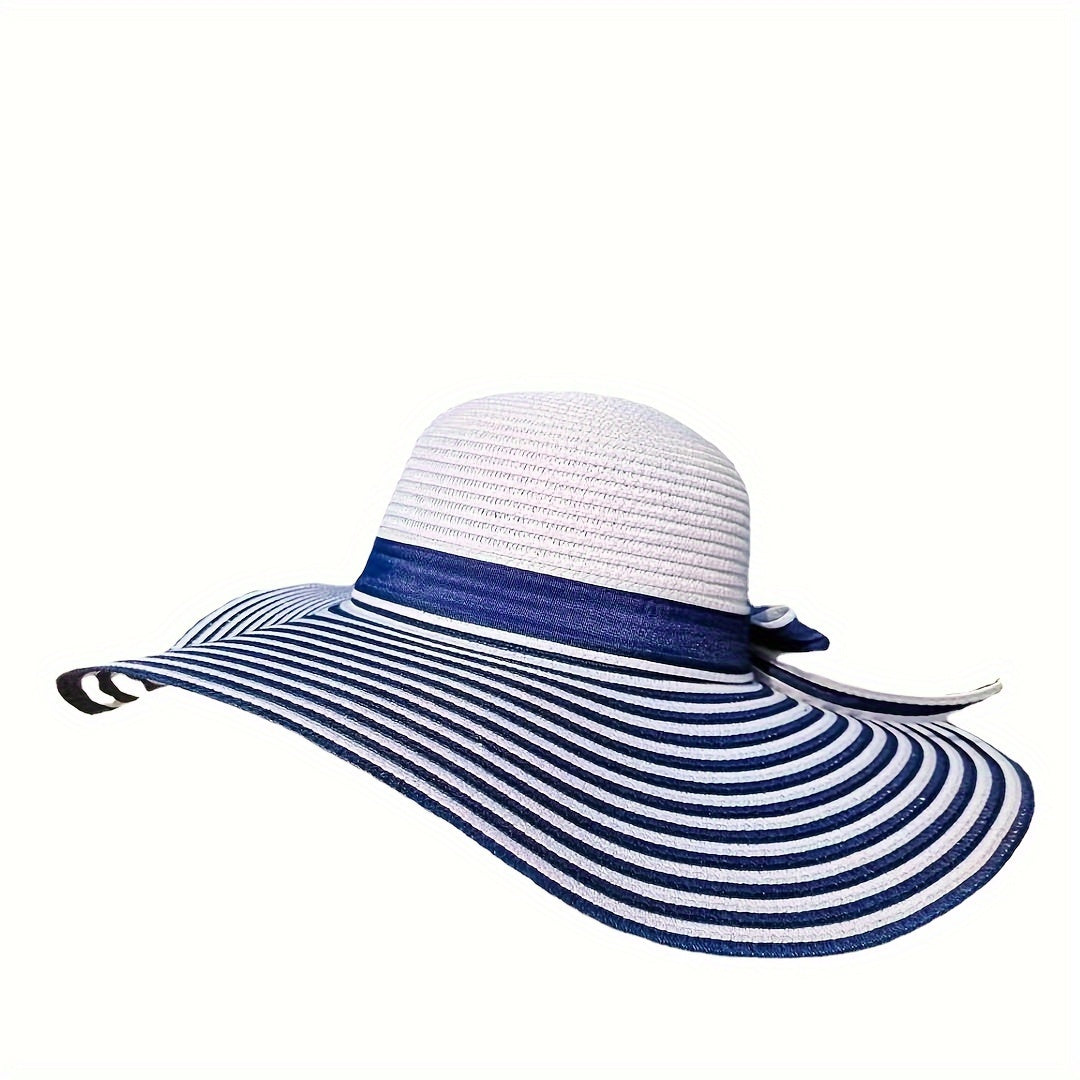 Classic Striped Bowknot Straw Hat Blue & White Wide Brim Hats Elegant Foldable Floppy Sun Hats Outdoor UV Protection Beach Hats For Women