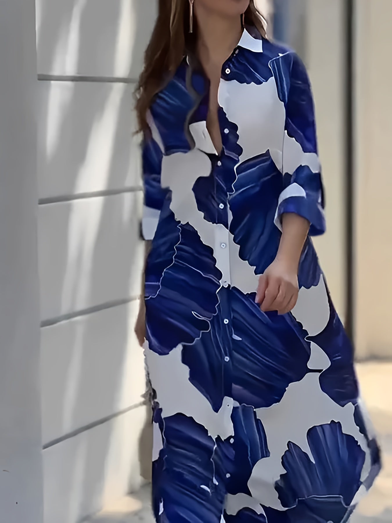 Abstract Print Button Front Shirt Dress, Elegant 3/4 Sleeve Maxi Dress For Spring & Fall, Women's Clothing