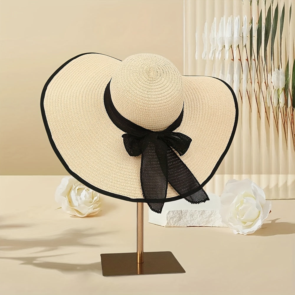 Women's Lafite Grass Woven Straw Hat with Black Bow - Summer Sun Protection Wide Brim Beach Cap, Foldable, Non-Stretch, Featherless Craftsmanship