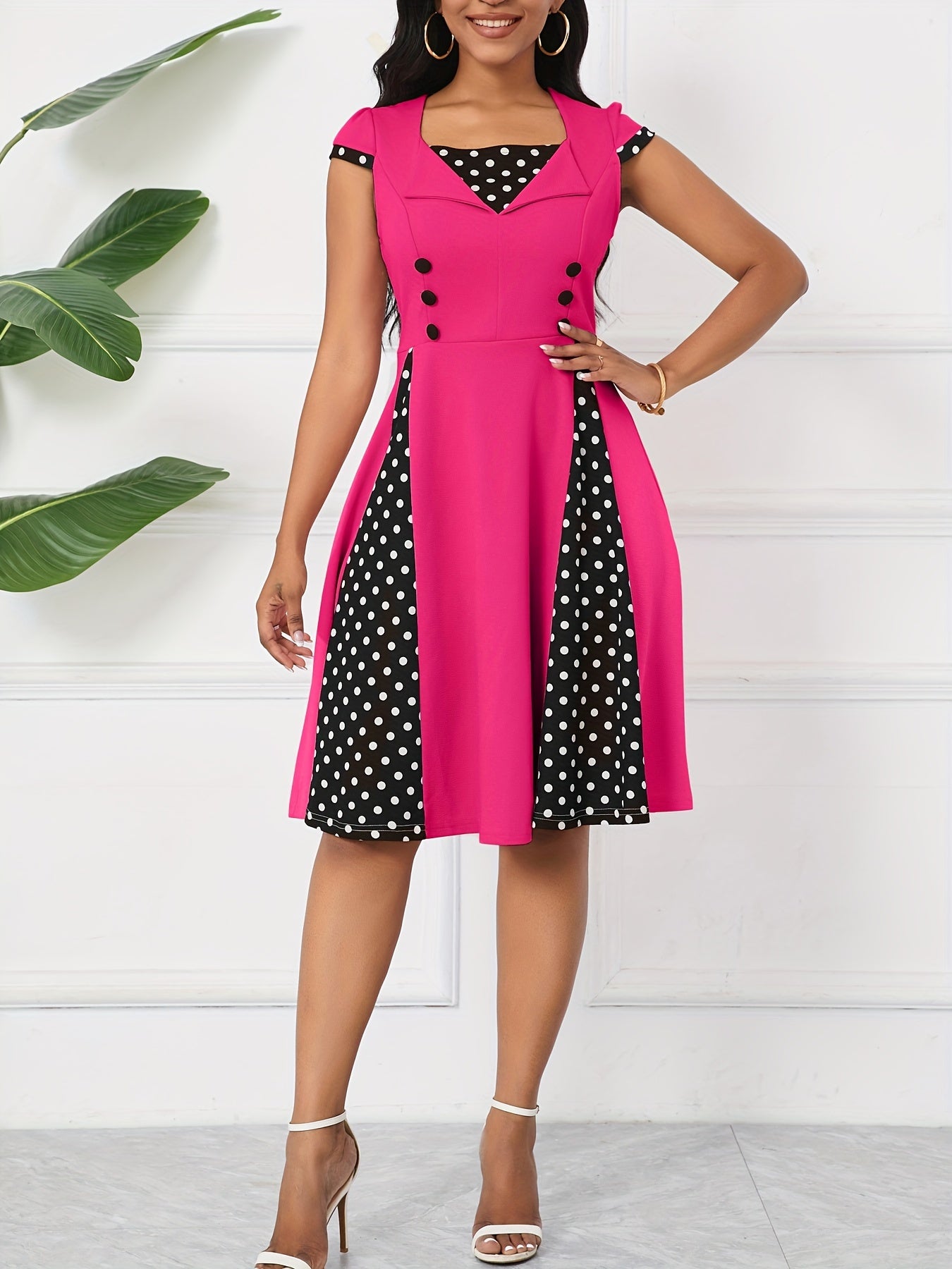 Polka-dot Print Color Block Aline Dress, Elegant Swing Button Decor Dress, Women's Clothing