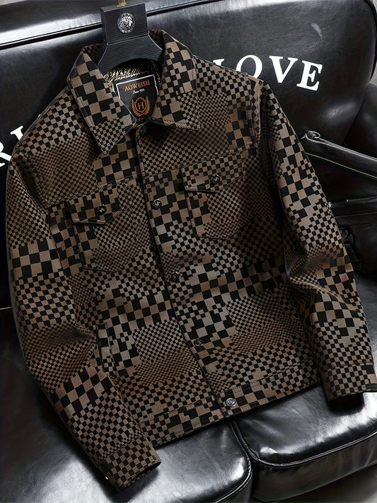 Men's Casual Checkerboard Pattern PU Leather Jacket, Button Up Lapel Jacket