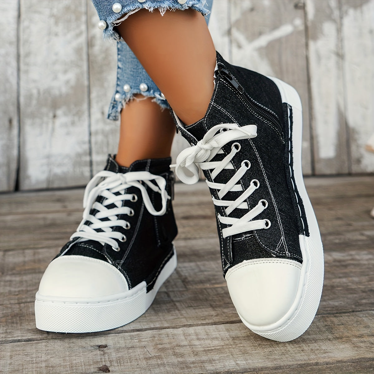 Women's Denim Platform Sneakers, Casual Lace Up Outdoor Shoes, Comfortable Side Zipper Shoes