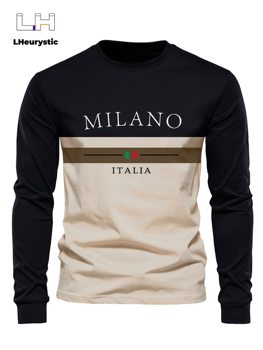 LHeurystic Men's Milano Italia Graphic Long Sleeve Crew Neck T-Shirt Polyester Spandex Blend Casual Sportswear Knit Medium Stretch Regular Fit Tee for Fall/Winter