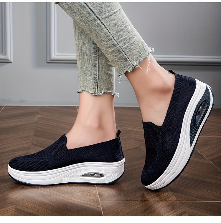 Women's Solid Color Casual Sneakers, Soft Sole Platform Air Cushion Walking Shoes, Low-top Breathable Shoes