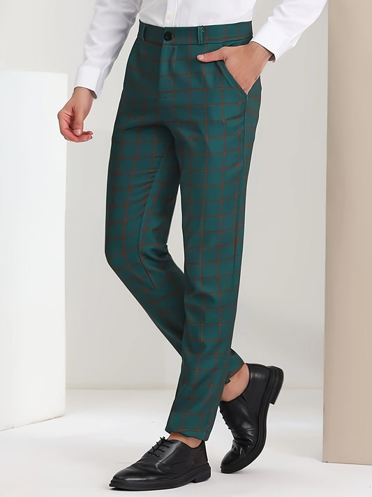 Men's Plaid Design Slightly Stretch Dress Pants For Business Office Daily Wear