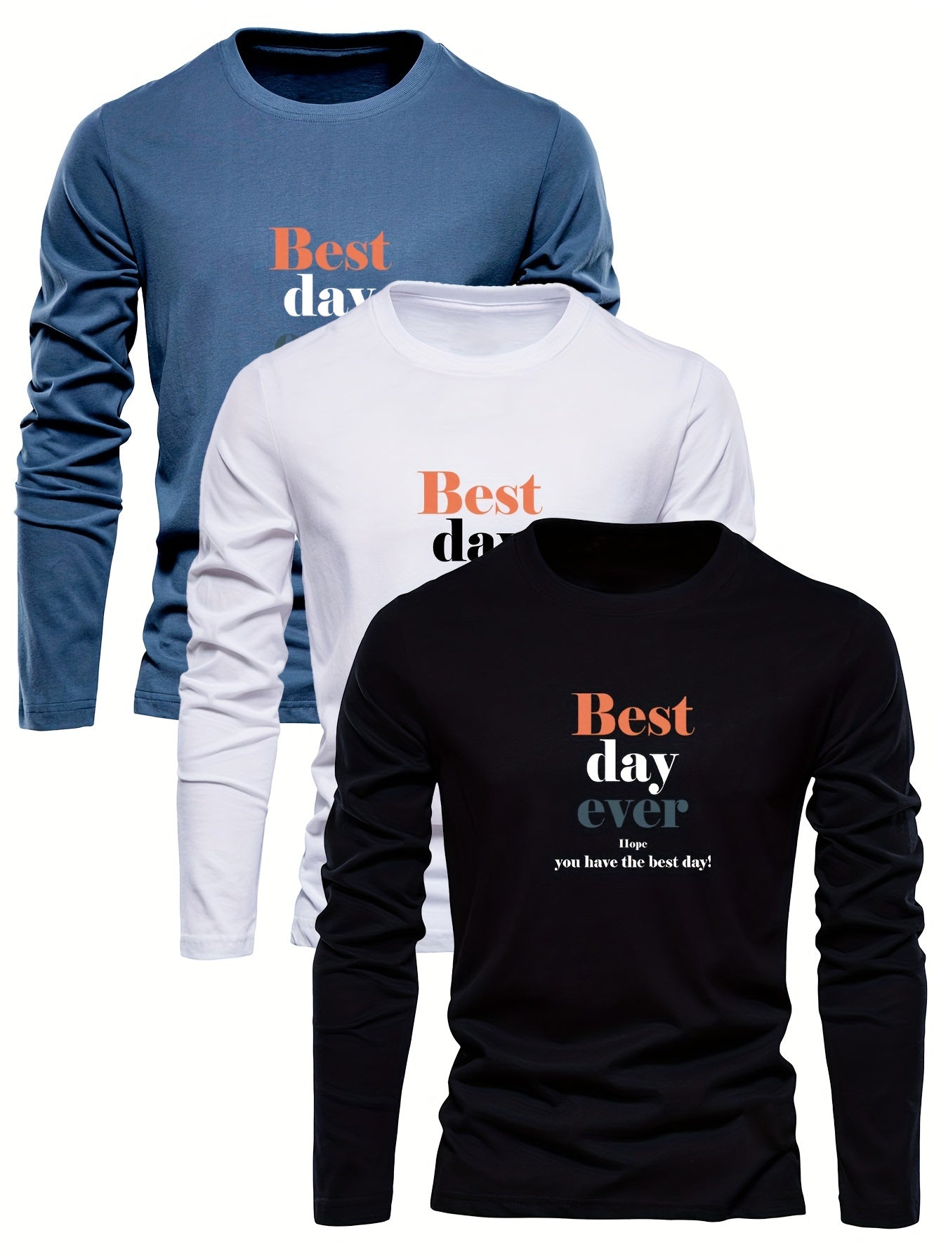 3-Pack Men's Long Sleeve T-Shirts 100% Cotton, Casual Round Neck, Alphabet Print, Knit Fabric, Best Day Ever Design, Spring/Fall Collection