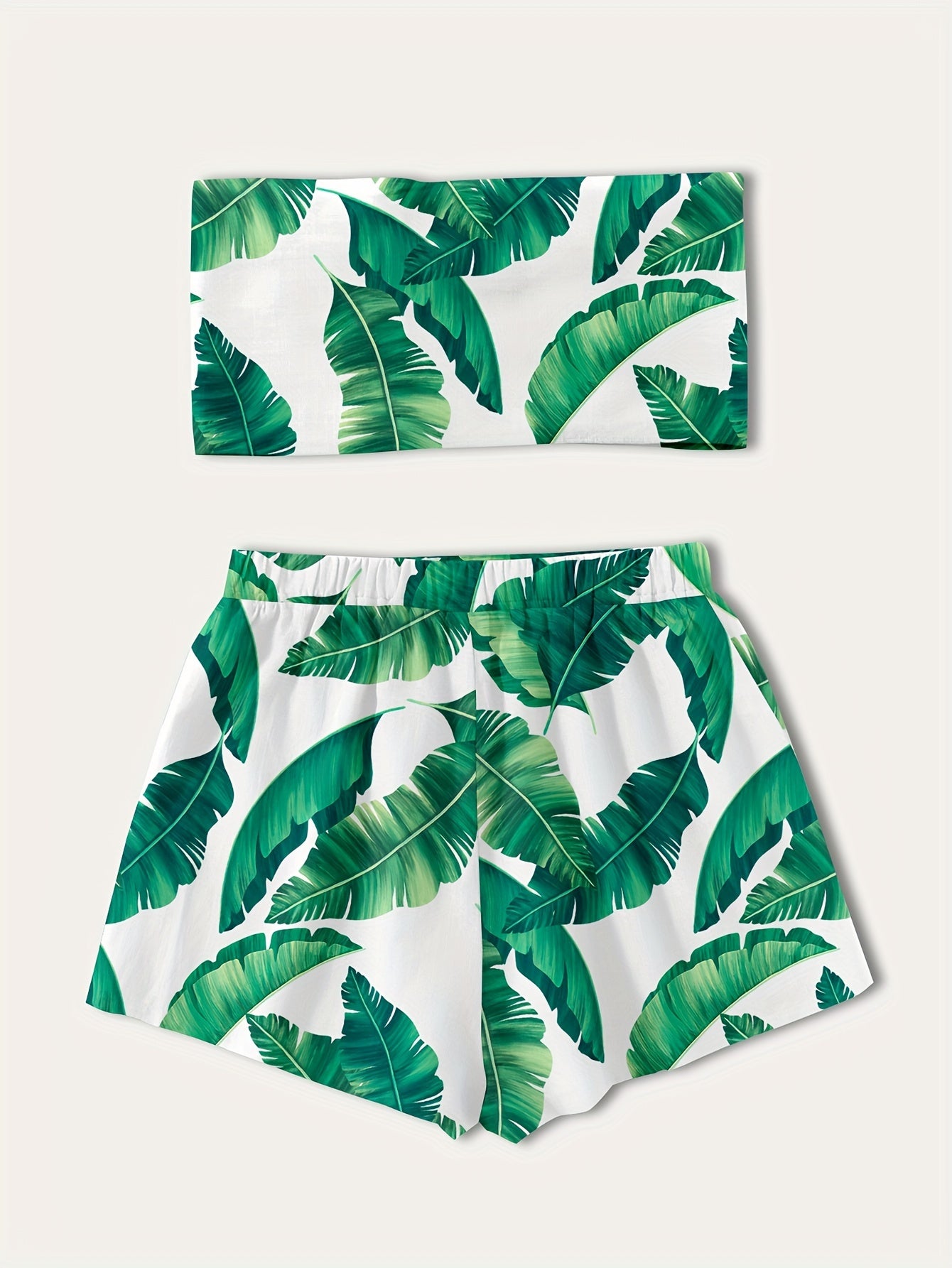 Leaves Print Matching Two-piece Set, Casual Vacation Style Sleeveless Tie Back Tube Top & Loose Elastic Waist Shorts Outfits For Summer, Women's Clothing