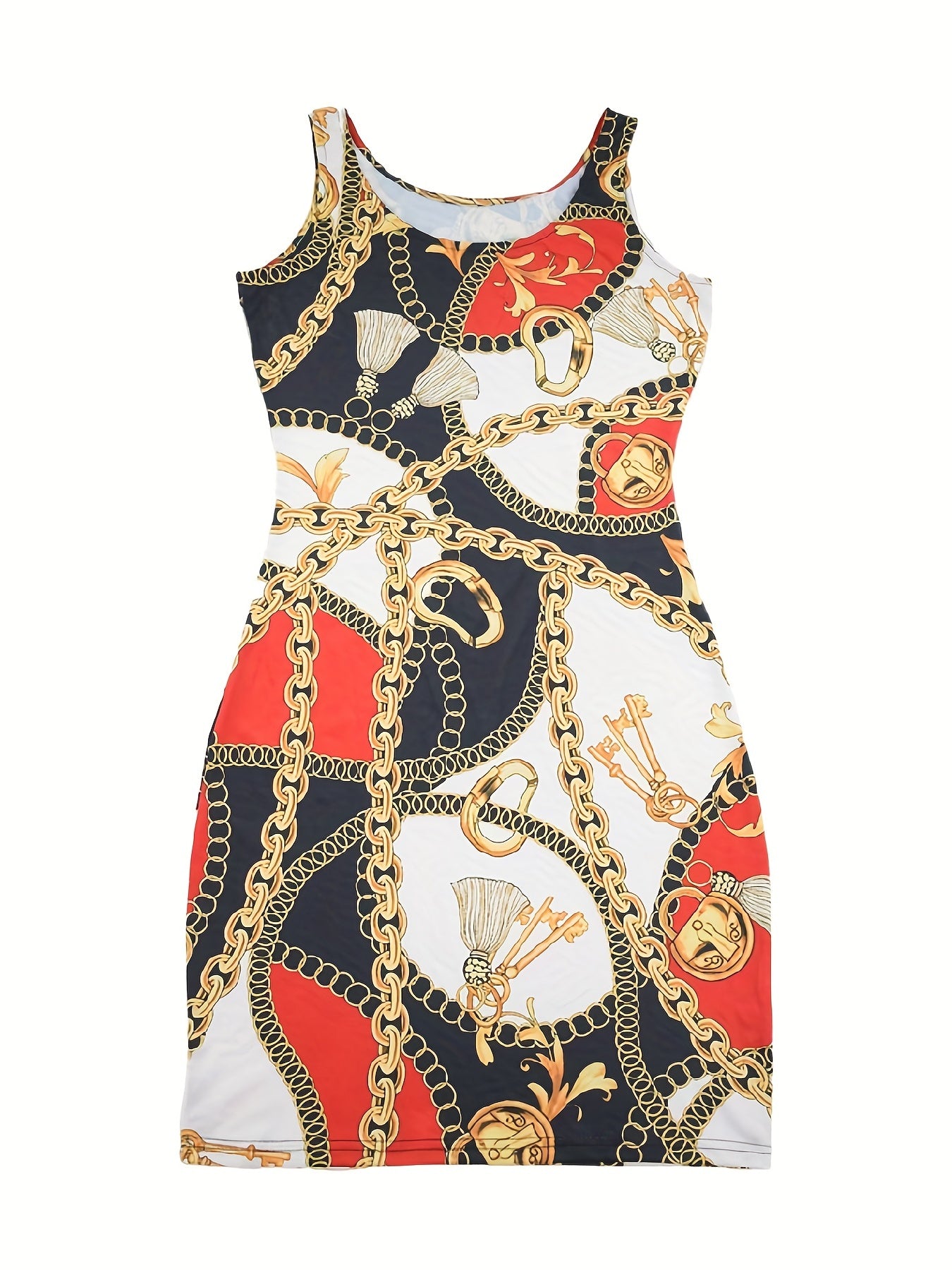 Chic Knee-High Chain Print Bodycon Dress - Crew Neck Sleeveless, Mid-Elastic Knit for Spring & Summer