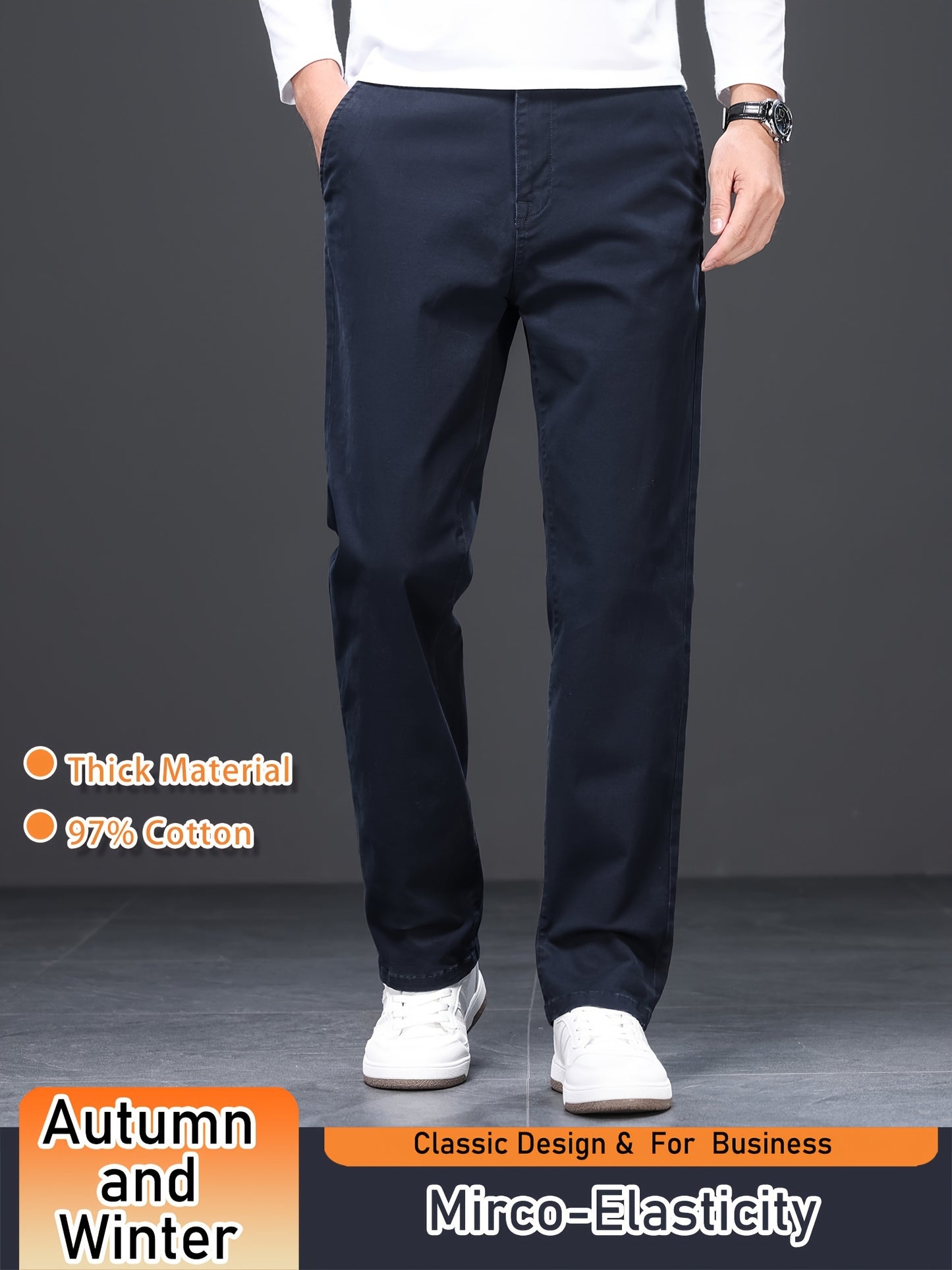 Men's Business Casual Trousers, Thickened Autumn/Winter Warm Straight-Leg Pants, Cotton Blend, Light Business Style, Stretch Fabric, Solid Color, Regular Fit, Mid-Waist, Regular Length, Woven Fabric