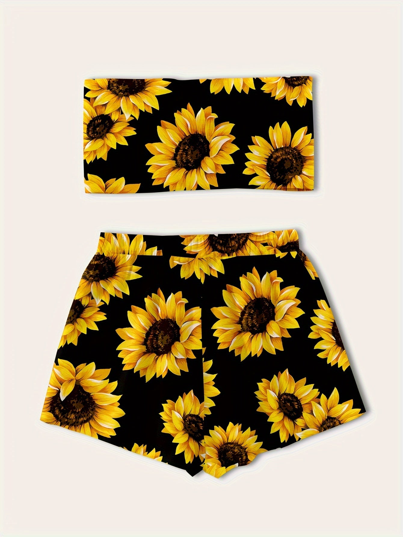 Vacation Style Sunflower Print Shorts Set, Tie Front Crop Top & Elastic Waist Loose Shorts, Women's Clothing