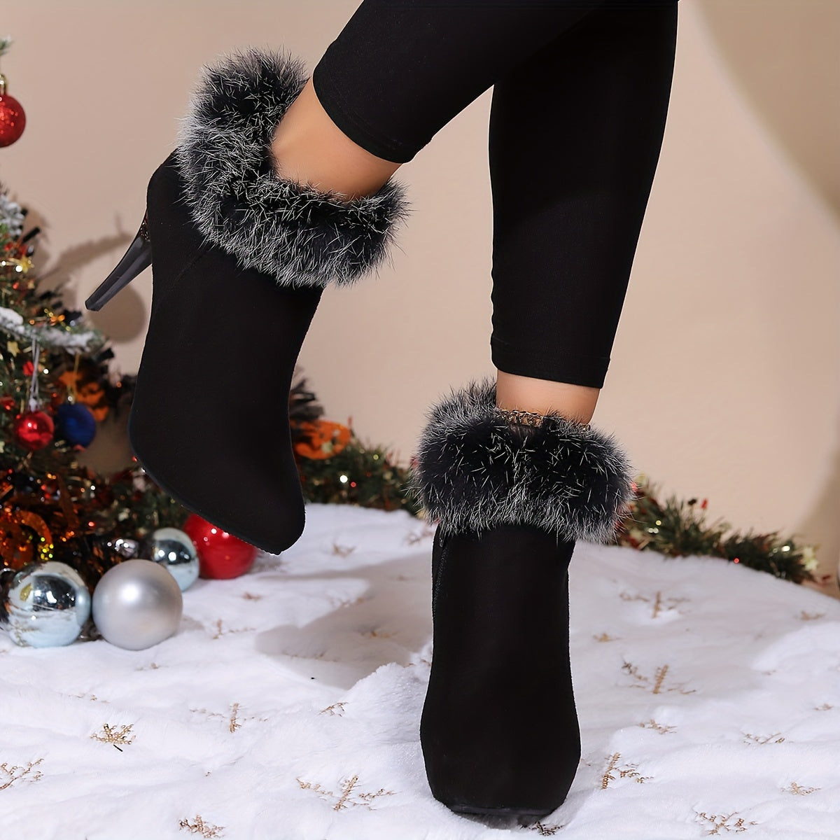 Women's Fluffy Stiletto Ankle Boots, Sexy Plush Lined Thermal Thin High Heels, Christmas Style Side Zipper Short Boots