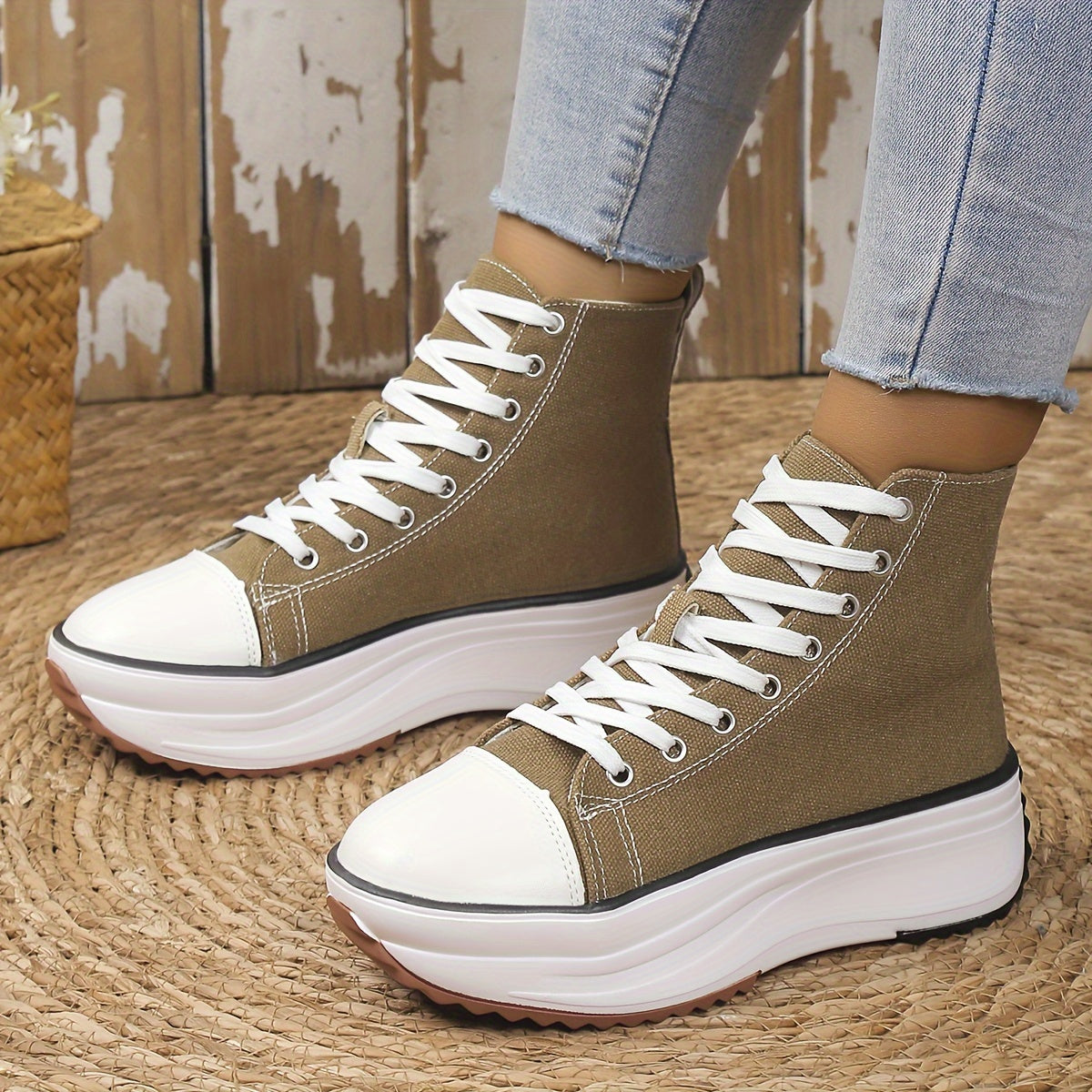 Women's Solid Color Casual Sneakers, Lace Up Soft Sole Platform Skate Shoes, Versatile High-top Canvas Shoes