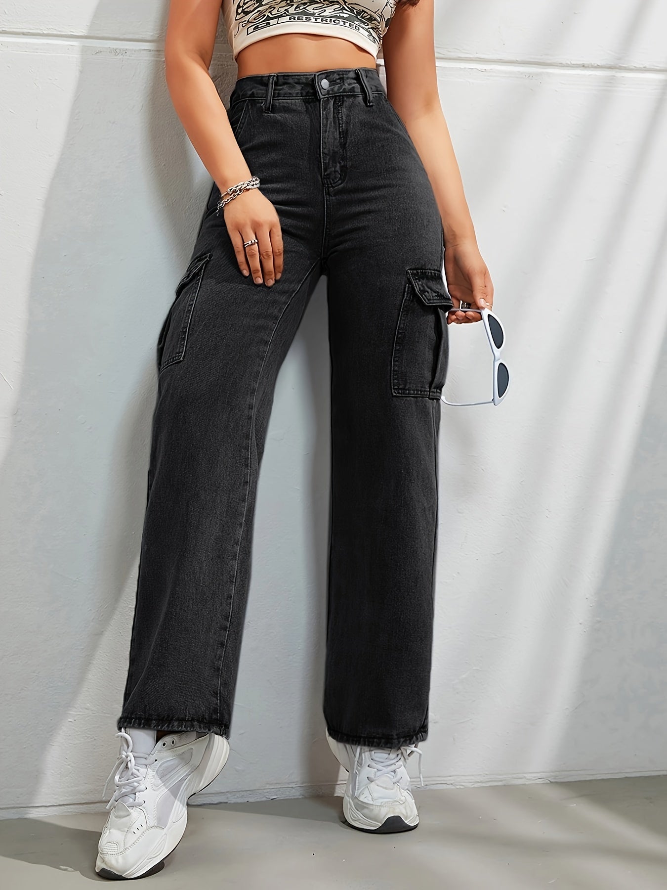 Women's Casual Wide Leg Denim Cargo Pants, Fashion Plain Jeans With Side Pockets, High Waist And Relaxed Fit For Fall