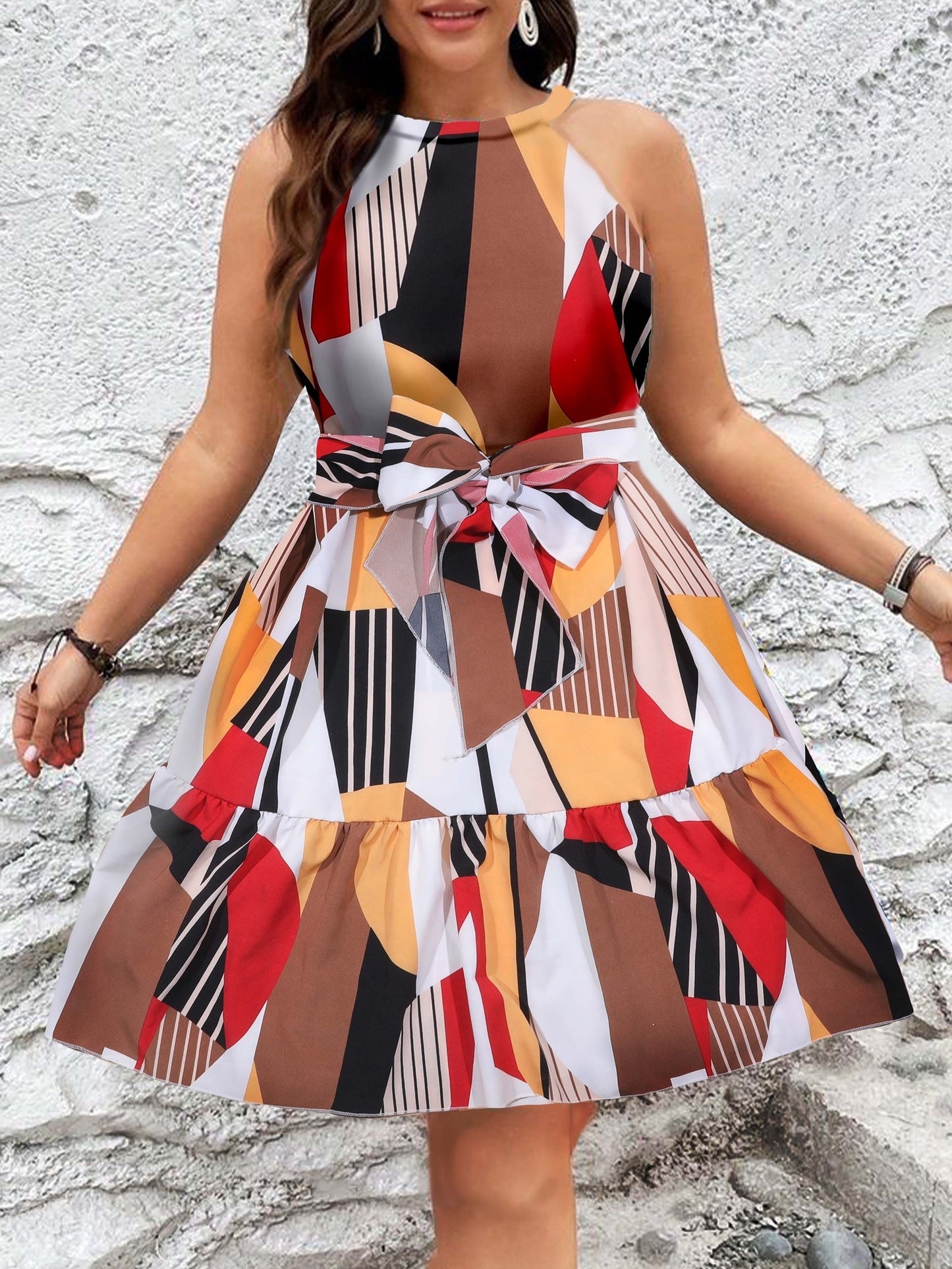 Plus Size Geo Print Halter Neck Dress, Elegant Sleeveless Belted Dress For Spring & Summer, Women's Plus Size Clothing