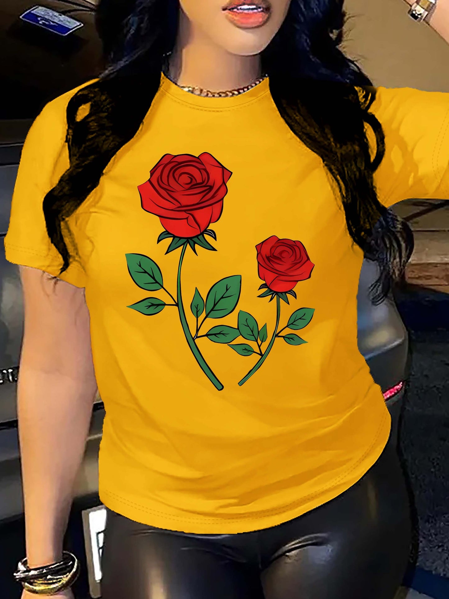 Rose Print Crew Neck T-Shirt, Casual Short Sleeve Top For Spring & Summer, Women's Clothing