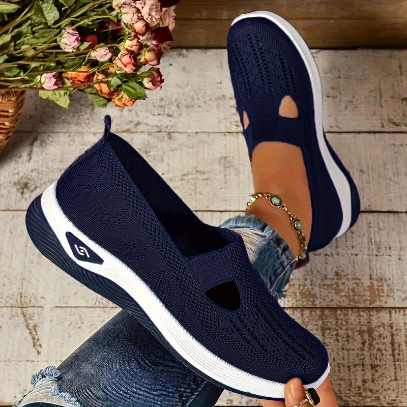 Womens Lightweight Knit Cut-out Sneakers - Ultra-Casual, Exceptionally Breathable Sports sole, Easy Slip-On Shoes with Super Lightweight Construction and Flat Heel for Comfort - Perfect for Outdoor Walking and Casual Strolls