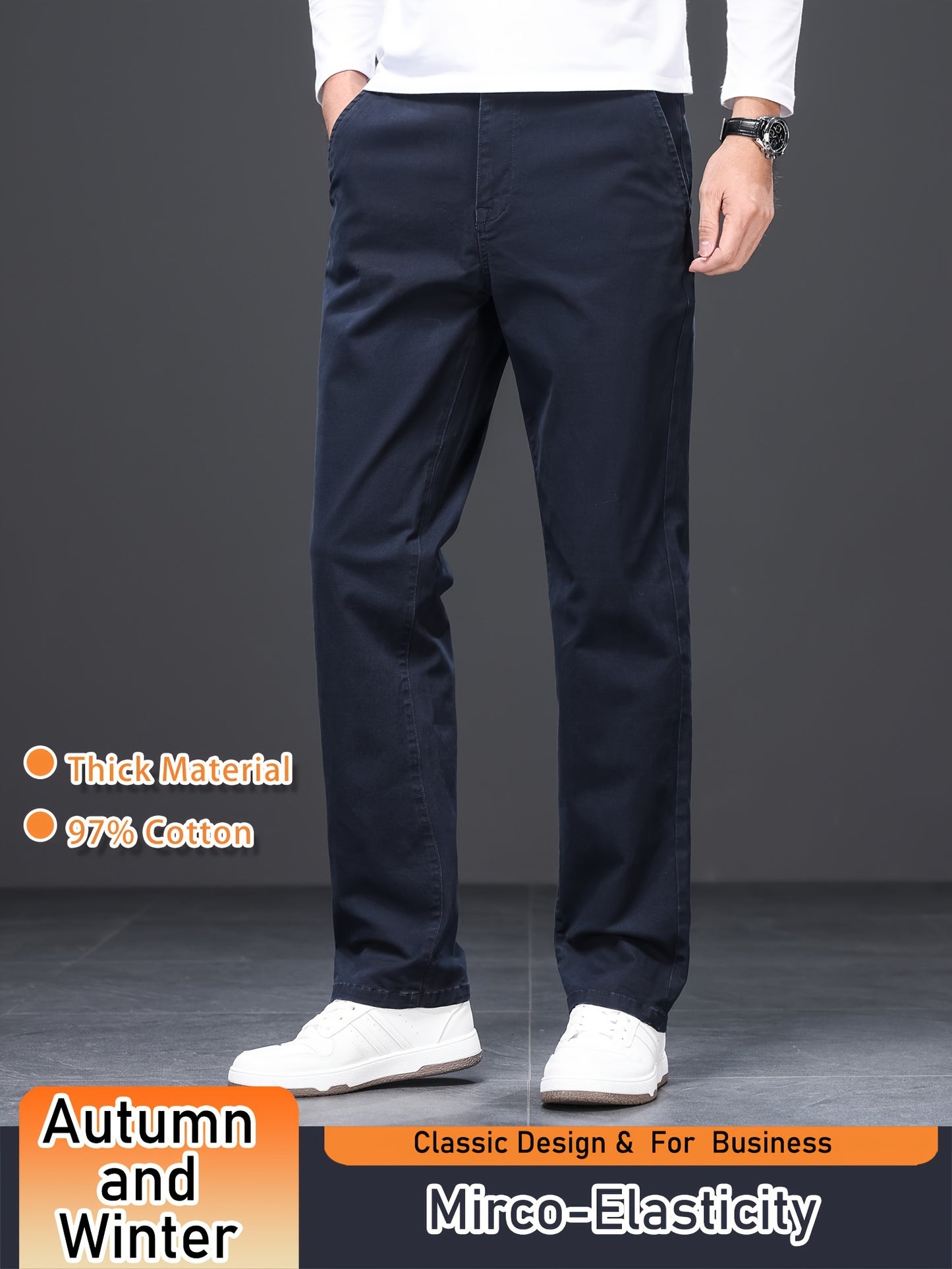 Men's Business Casual Trousers, Thickened Autumn/Winter Warm Straight-Leg Pants, Cotton Blend, Light Business Style, Stretch Fabric, Solid Color, Regular Fit, Mid-Waist, Regular Length, Woven Fabric