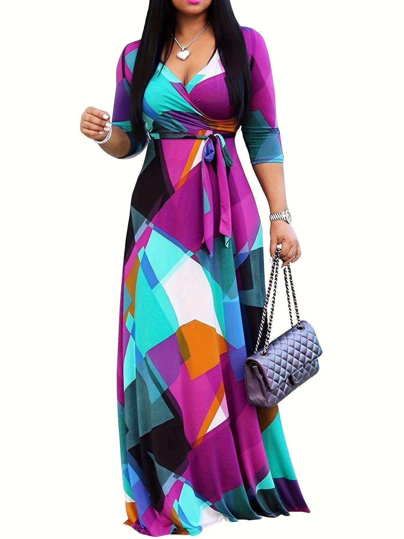 Geo Print High Waist Dress, Casual 3/4 Sleeve V Neck Maxi Dress, Women's Clothing