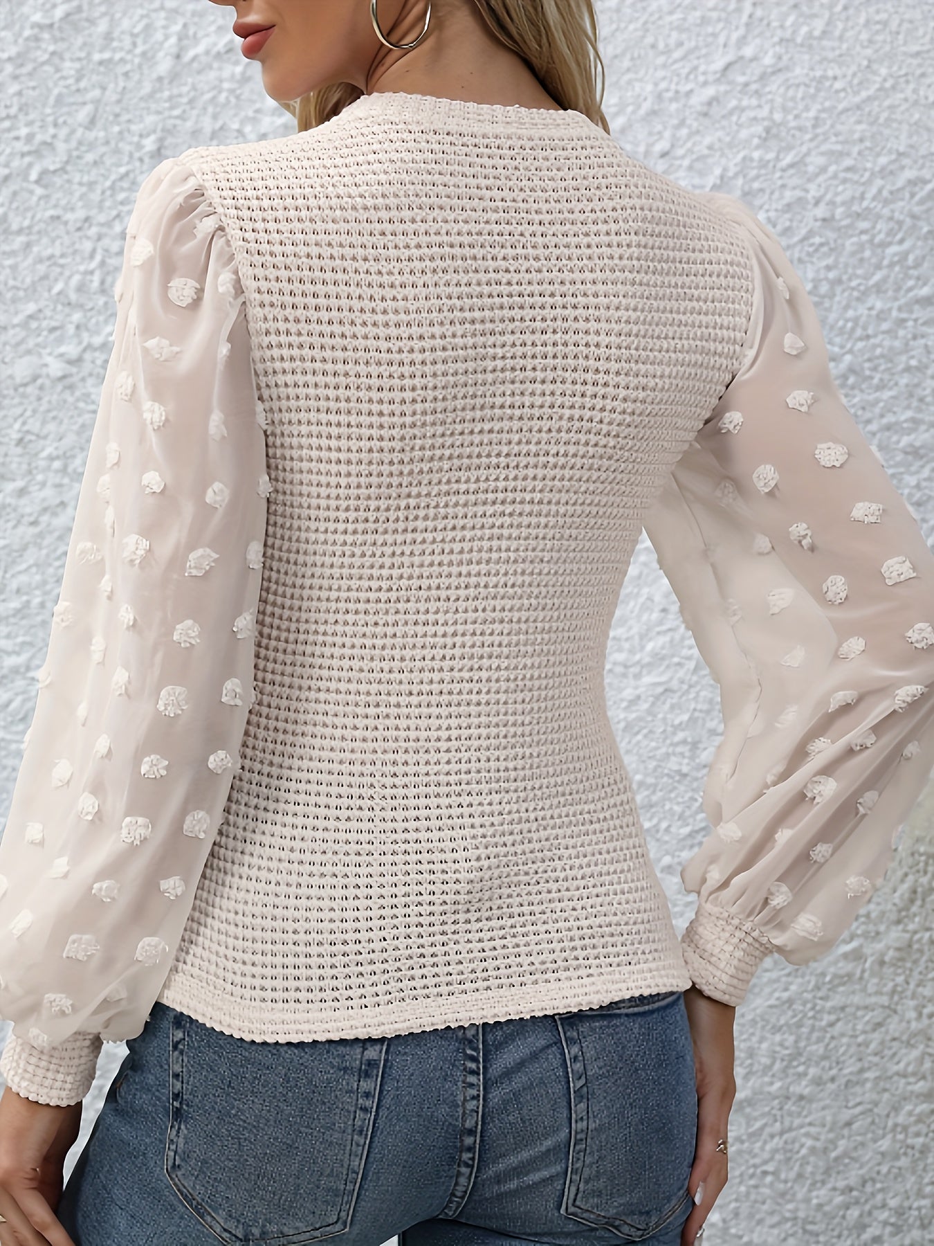 Swiss Dot Mock Neck Blouse, Casual Long Lantern Sleeve Blouse For Spring & Fall, Women's Clothing