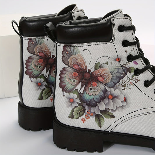 Women's Trendy Butterfly Printed Boots, Fashion Lace Up Short Boots, Women's Comfortable Boots