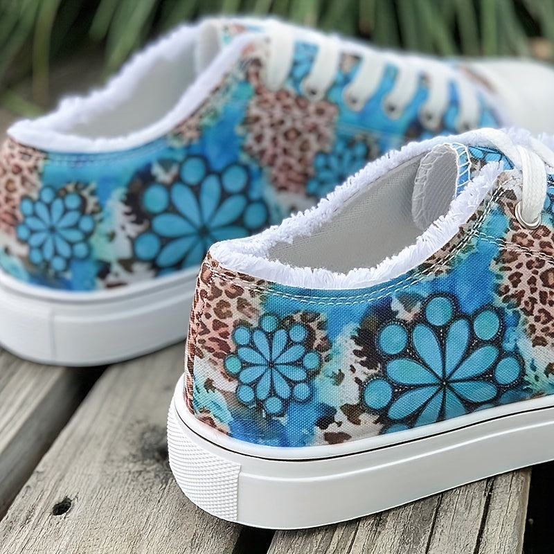 Women's Flower Print Canvas Sneakers, Raw Trim Lace Up Low Top Skate Shoes, Casual Round Toe Flats Shoes