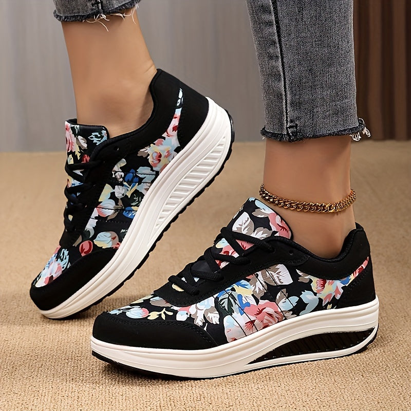 Women's Vintage Print Casual Sneakers, Lace Up Platform Soft Sole Walking Shoes, Round Toe Sporty Rocking Trainers