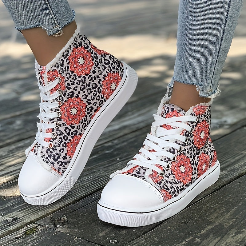 Women's High Top Canvas Sneakers, Floral & Leopard Print Lace Up Skate Shoes, Casual Flat Walking Shoes