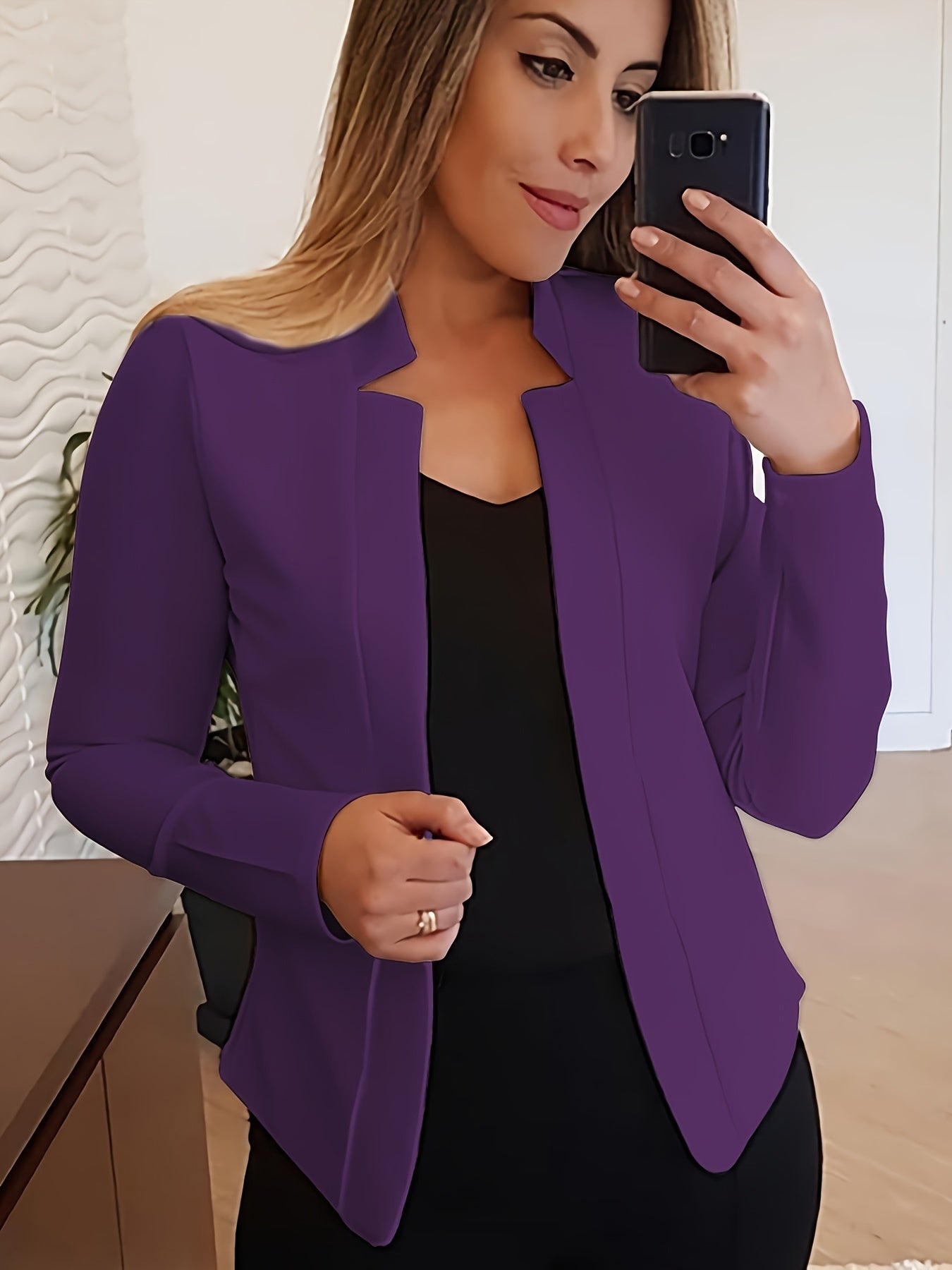 Solid Open Front Blazer, Elegant Long Sleeve Work Office Outerwear, Women's Clothing