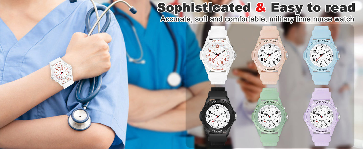 Waterproof Nurse Watch for Medical Professionals Women Men 24 Hour with Second Hand Night Light Military Time Easy to Read Dial Soft and Breathable Silicone Band