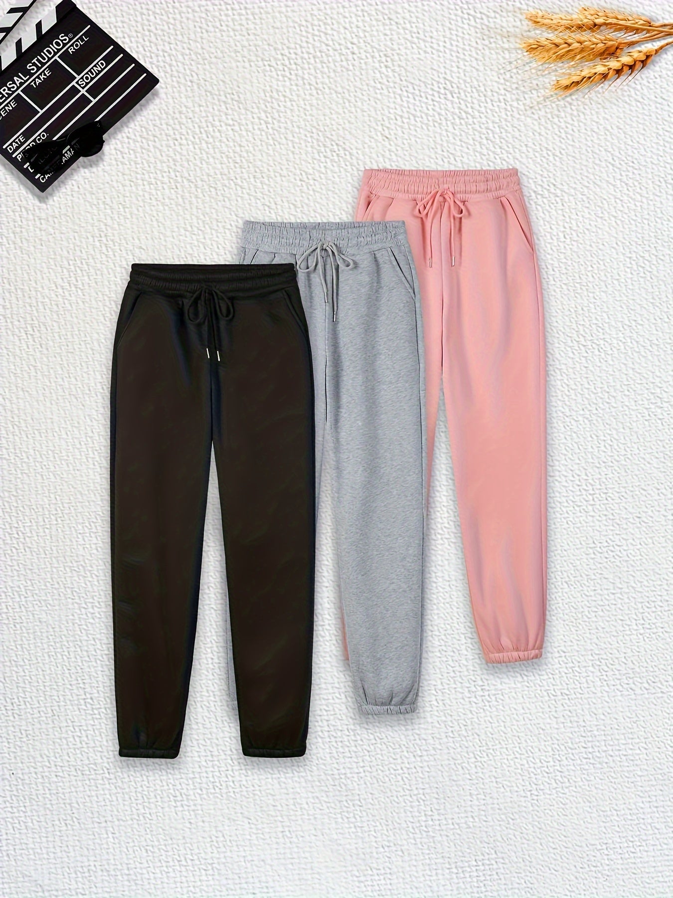 Three Pieces Of Solid Color Jogging Pants, Solid Color, Drawstring Waist, Casual Pants, Women's Trousers