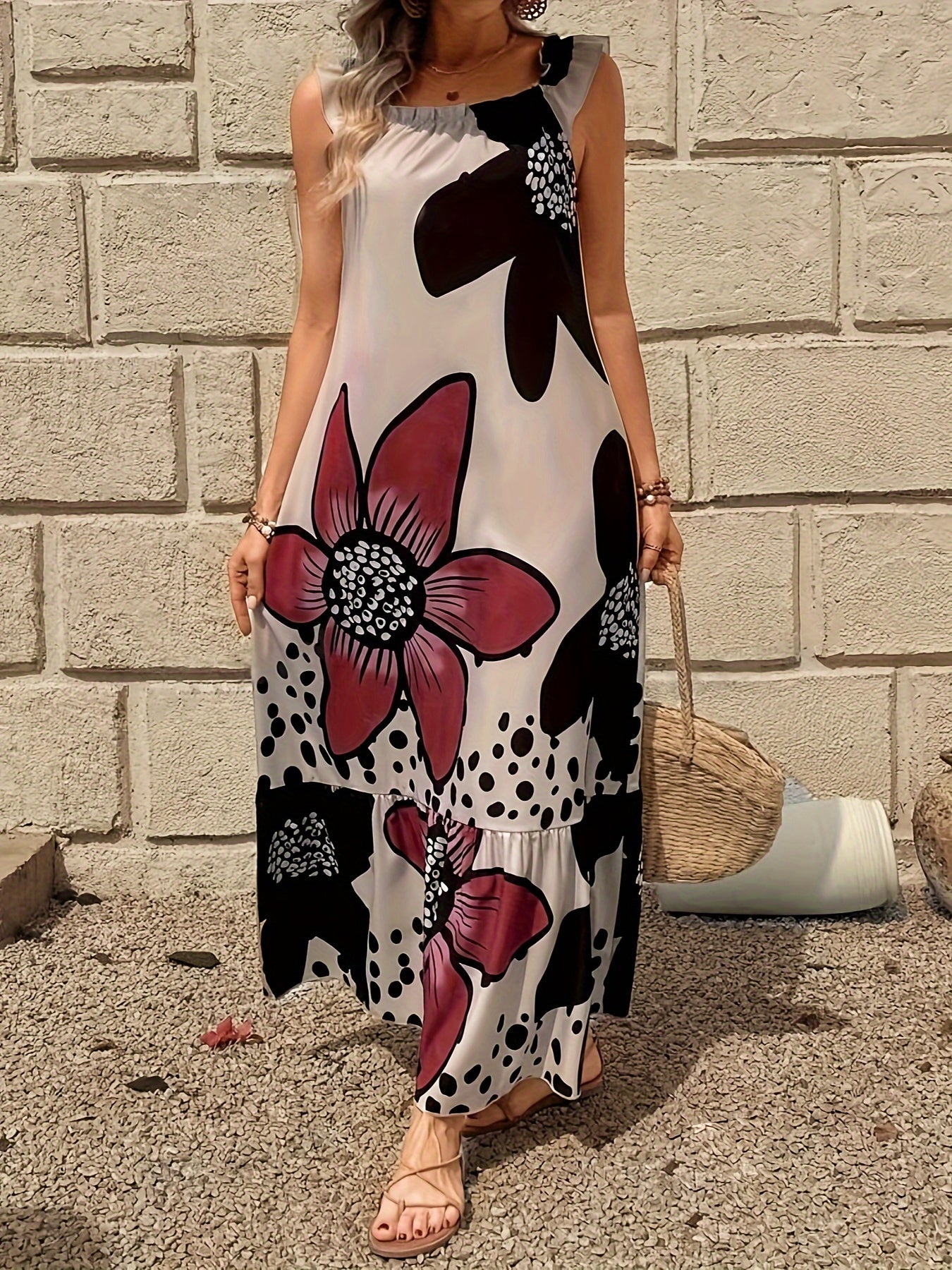 Floral Print Square Neck Dress, Elegant Sleeveless Maxi Dress For Spring & Summer, Women's Clothing