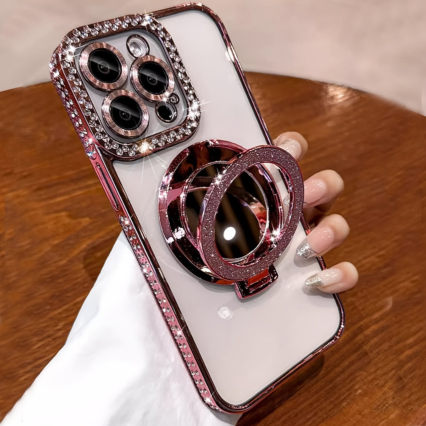 New Luxury High-Grade Glitter Double Row Diamond Mirror Magnetic Bracket All-Inclusive Lens Mobile Phone Case Suitable for Apple for Iphone 16 15 14 13 12 11 Pro Max / Niche Transparent Anti-Fall Soft Glue Protective Back Cov