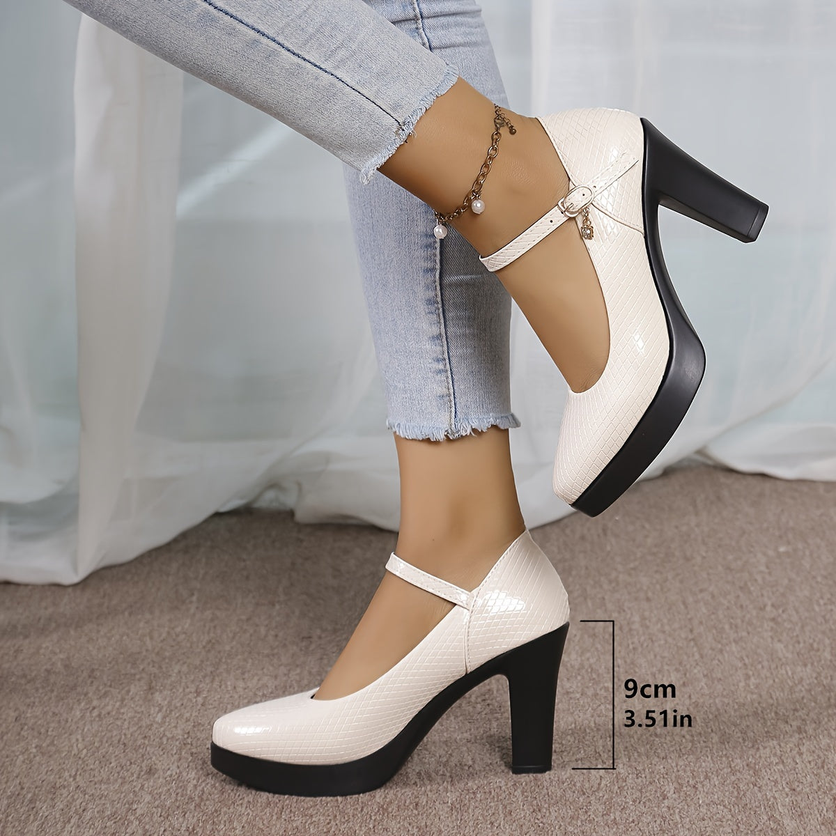 Women's Geometric Pattern Block Heels, Elegant Buckle Strap Dress Pumps, Women's Fashion Heels