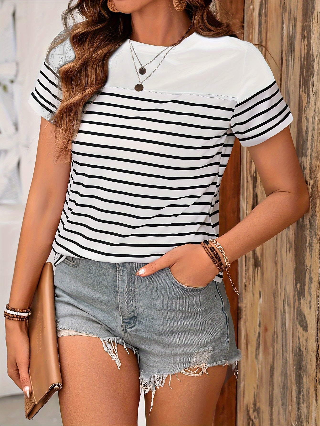 Striped Crew Neck T-shirt, Casual Short Sleeve Top For Summer, Women's Clothing