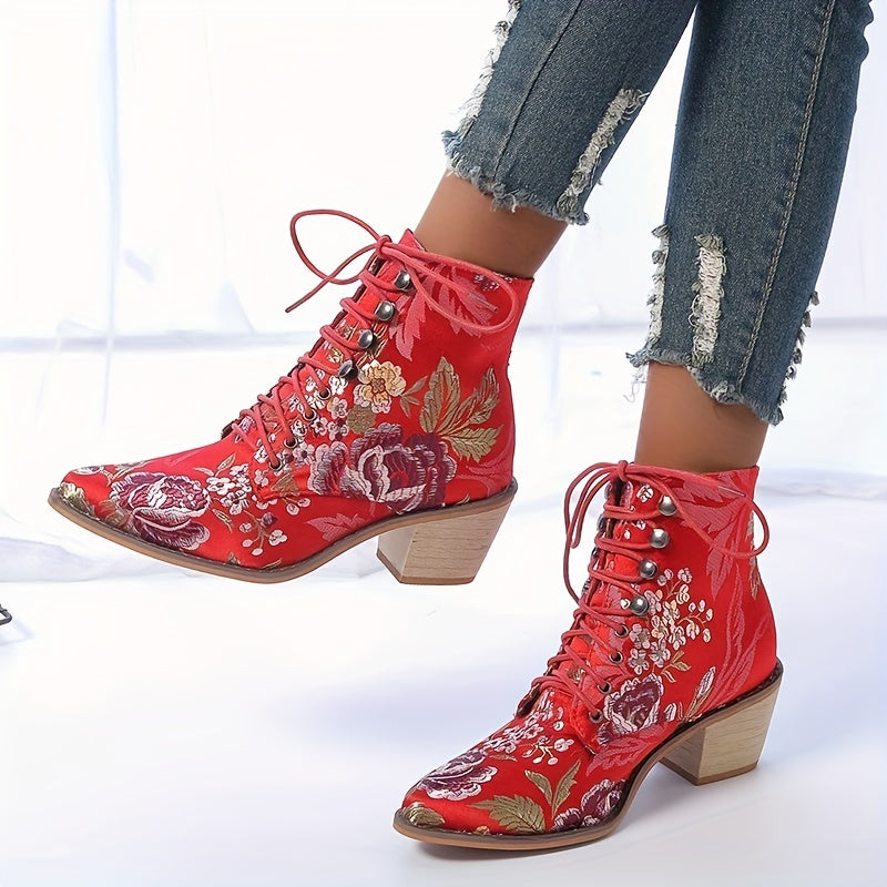 Women's Floral Embroidered Chunky Heel Boots, Fashion Point Toe Lace Up Boots, Comfortable Cowboy Boots