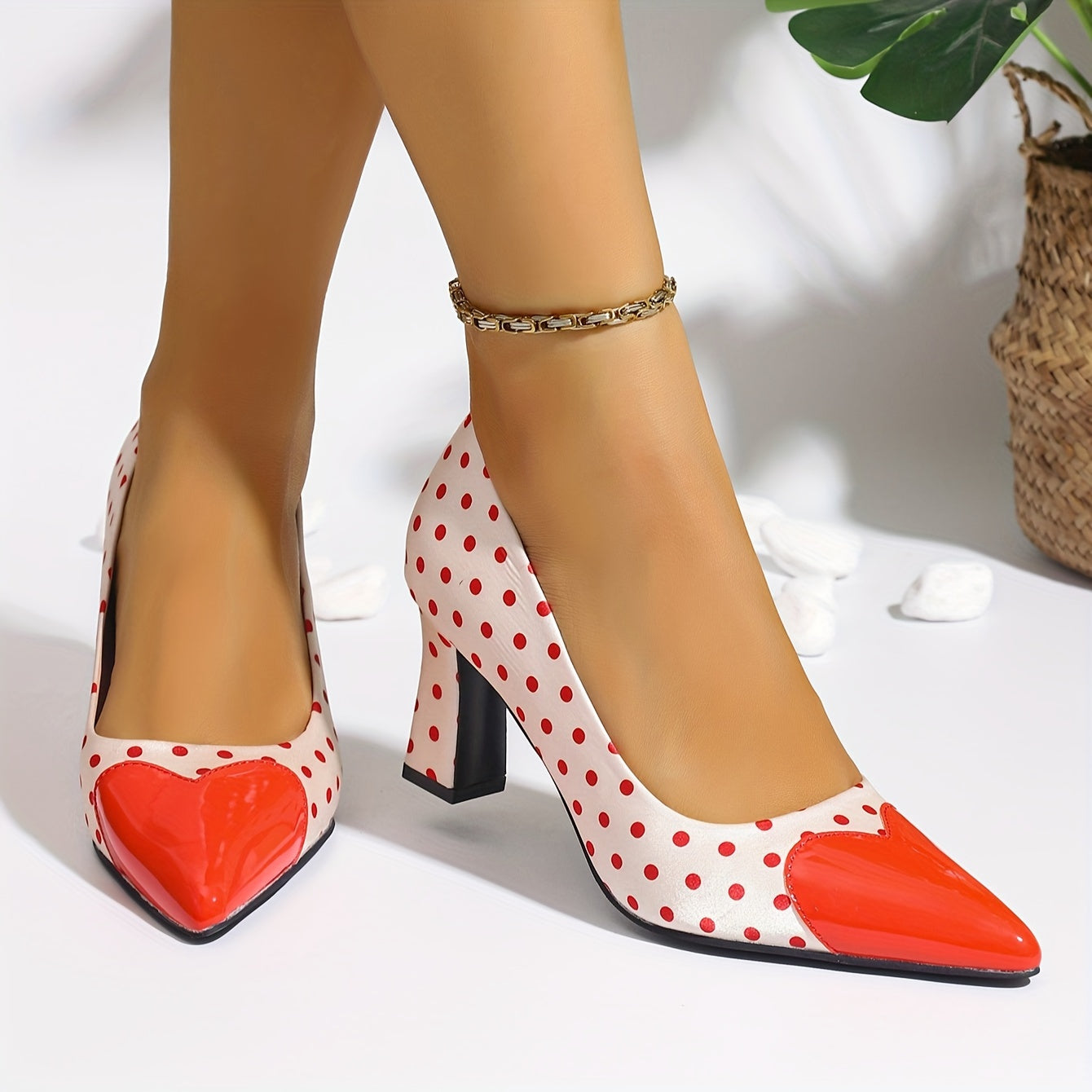 Women's Polka Dot Pumps, Shallow Mouth Slip On Chunky Heel Wedding Shoes, Point Toe Heart Dressy Shoes