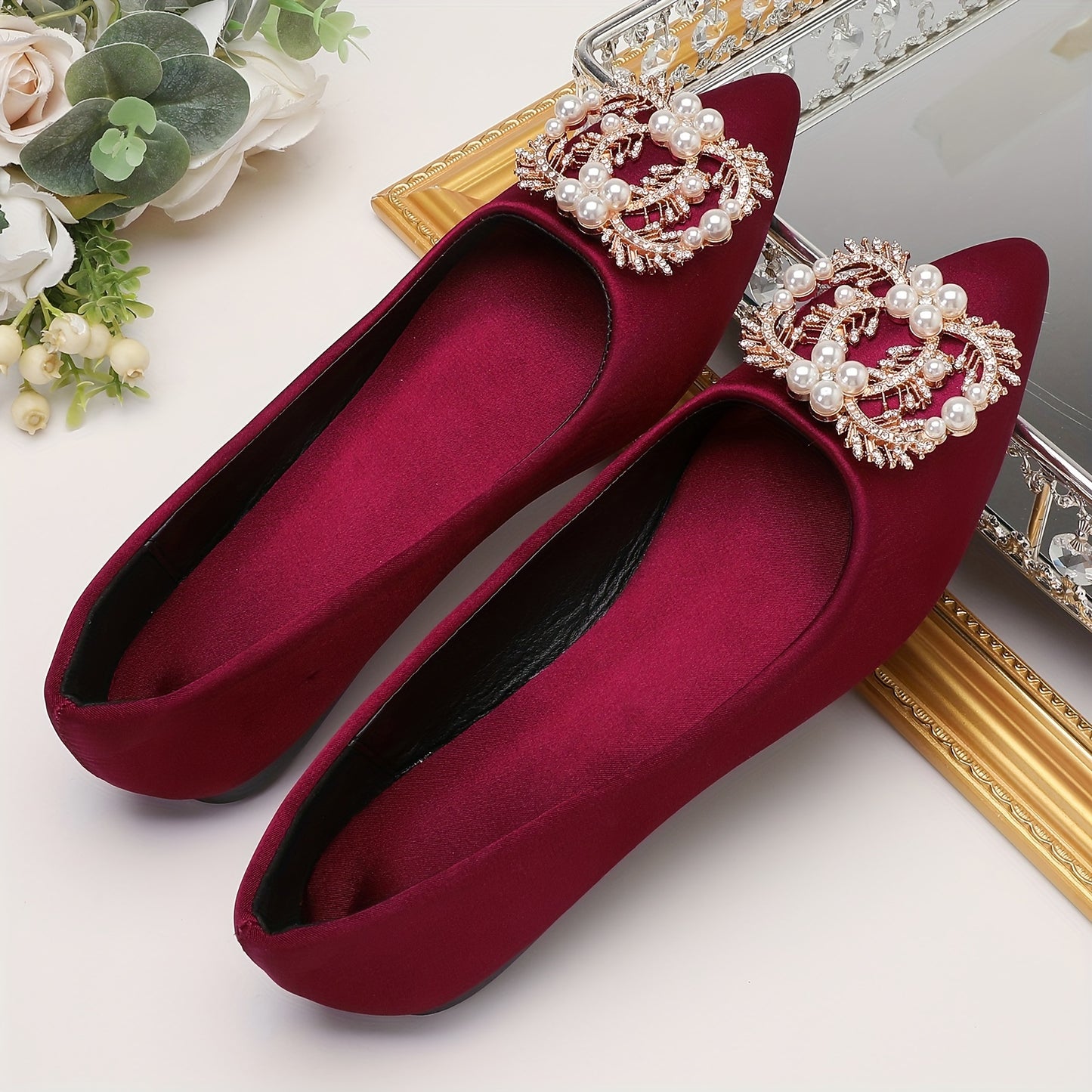 Women's Faux Pearl & Rhinestone Decor Flat Shoes, Casual Solid Color Pointed Toe Slip On Shoes, Trendy & Stylish Dress Shoes