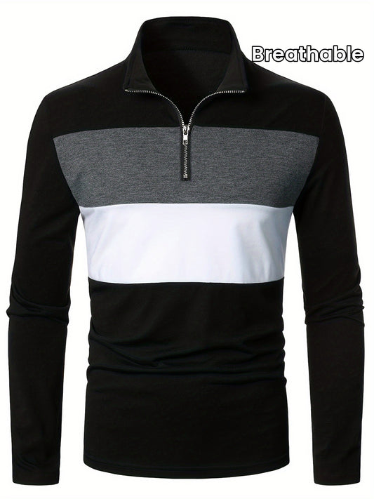 Men's Color Matching Golf Shirt, Casual Breathable Half Zipper Long Sleeve Shirt For Spring Fall Outdoor Activities