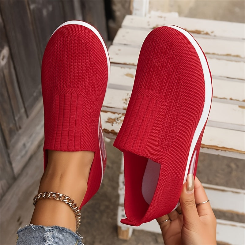 Women's Solid Color Knitted Sneakers, Platform Slip On Soft Sole Walking Shoes, Breathable Low-top Wedge Shoes fall