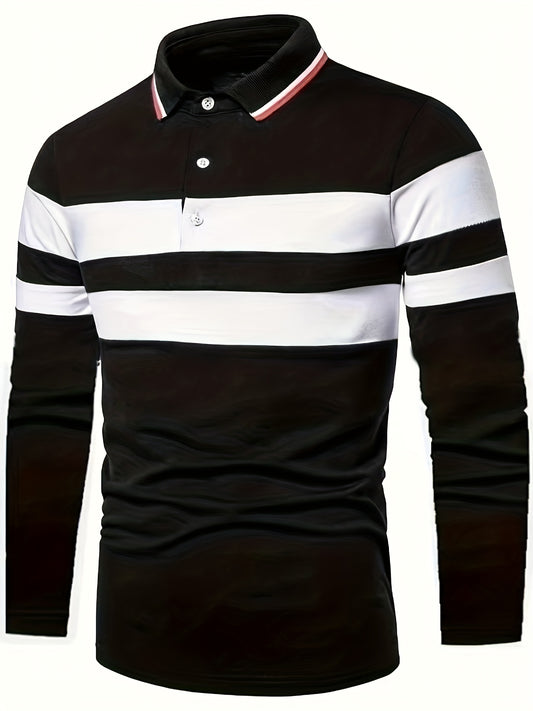 Casual Men's All-match Color Block Long Sleeve Lapel Golf Shirt, Spring Fall Sports