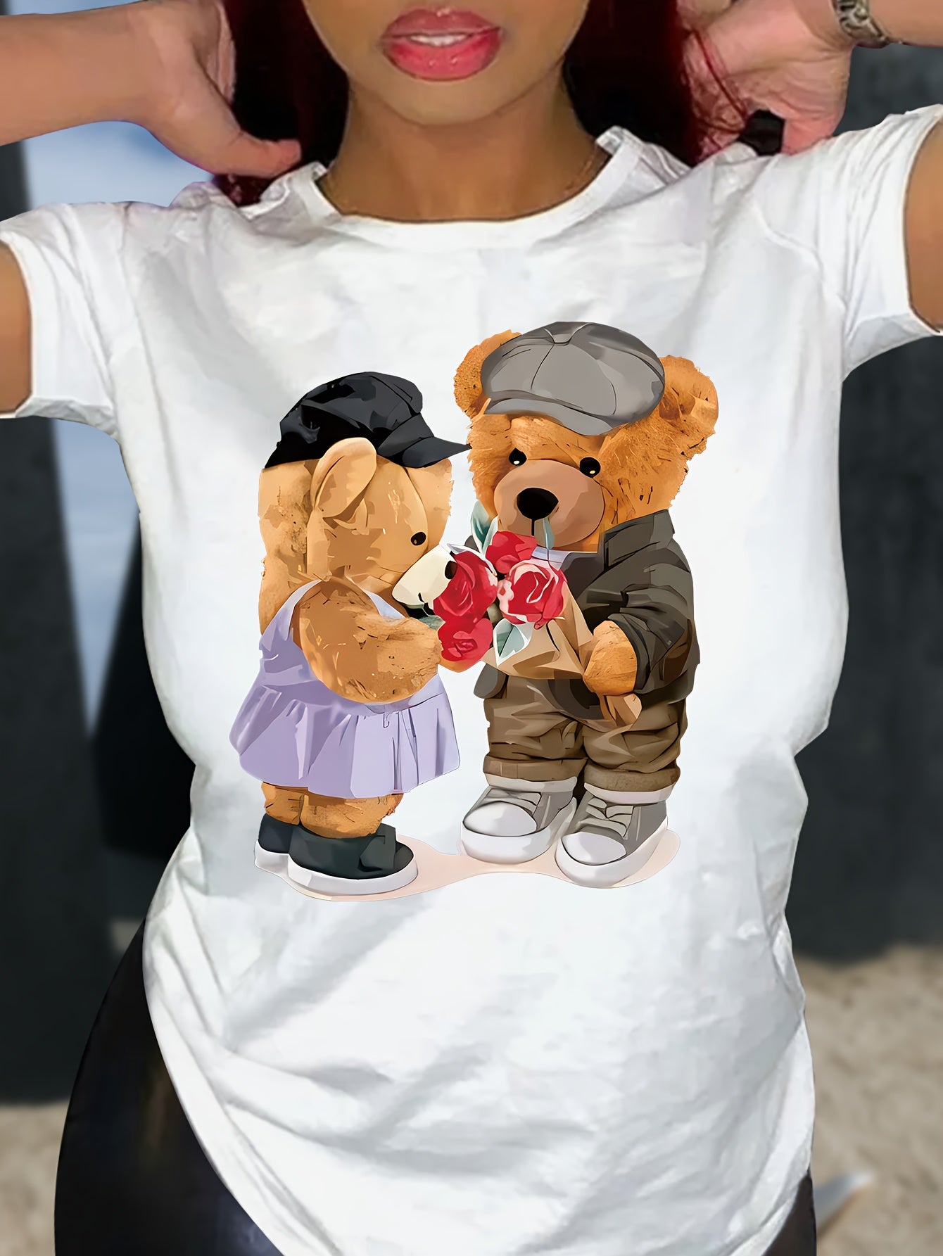 Cute Bear Print Crew Neck T-shirt, Short Sleeve Casual Top For Summer & Spring, Women's Clothing