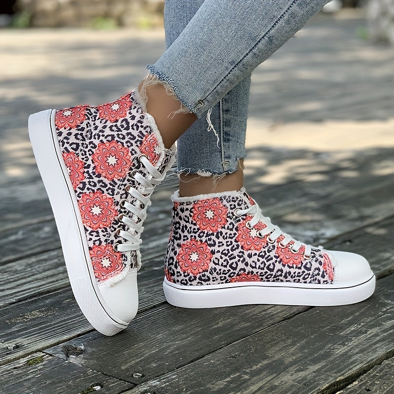 Women's High Top Canvas Sneakers, Floral & Leopard Print Lace Up Skate Shoes, Casual Flat Walking Shoes