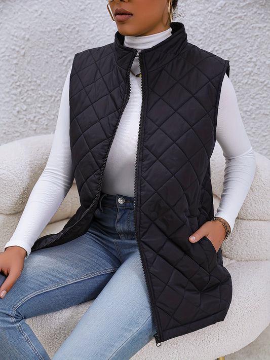 Argyle High Neck Sleeveless Vest, Casual Zip Up Versatile Outerwear, Women's Clothing