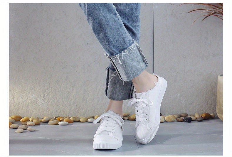 Women's Letter Patched Raw Trim Mules Sneakers, Lace Up Platform Canvas Shoes, Fashion Half Slippers