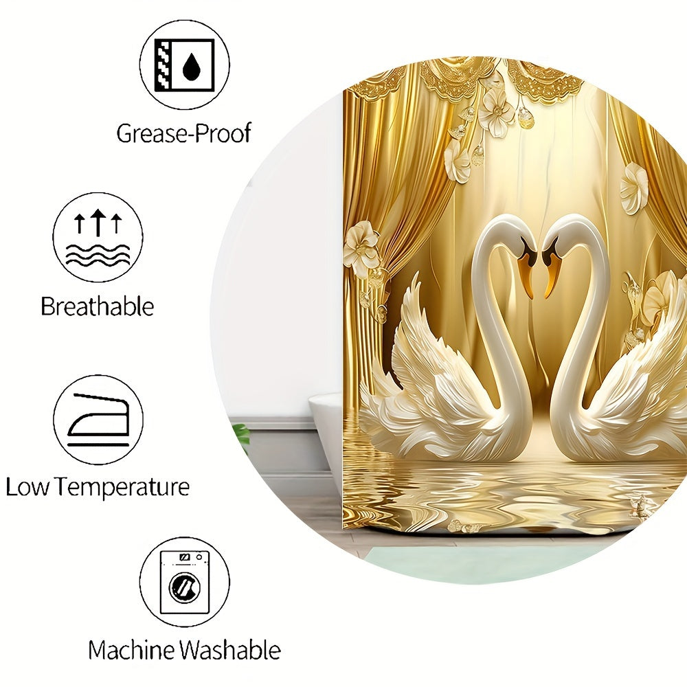 Luxurious Golden 3D Swans Print Bathroom Set: Includes 12 Free Hooks, Waterproof Curtain, Non-Slip Mat, Toilet Seat Cover, And Bath Rug - Perfect for Valentine'S Day Or Year-Round Romance