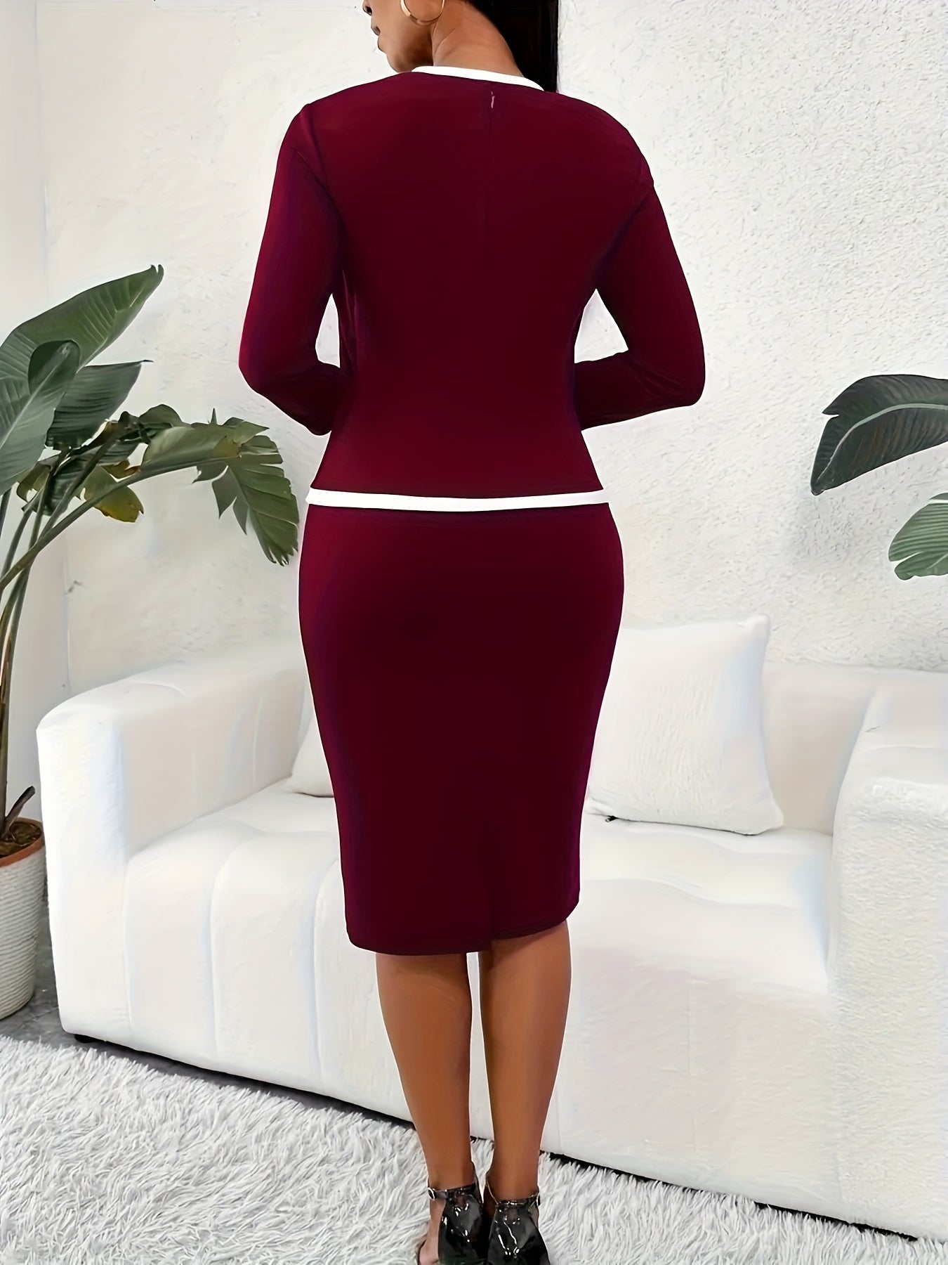 Chic 2-in-1 Contrast Trim Bodycon Dress - Long Sleeve, Figure-Hugging, Versatile For Office & Beyond - Womens Work Wear