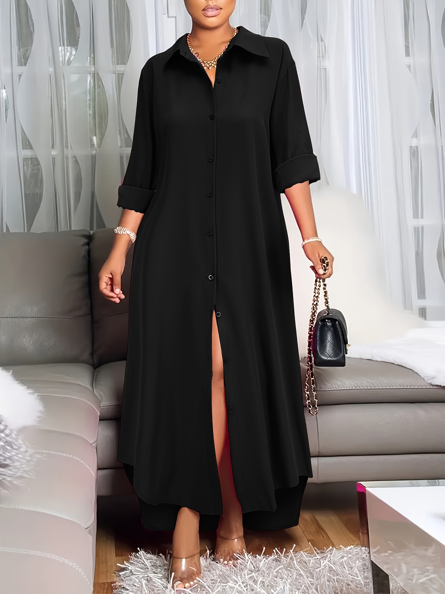 Button Front Shirt Dress, Casual Long Sleeve Dress For Spring & Fall, Women's Clothing