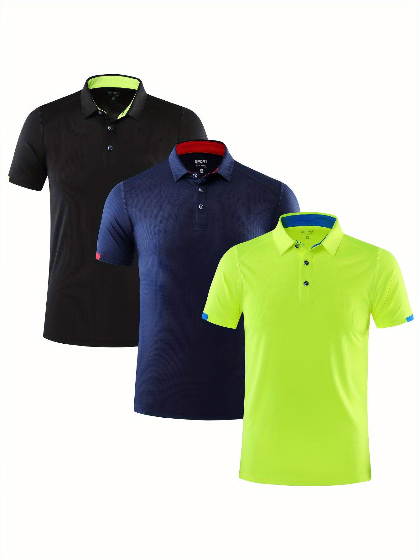 3-Pack Men's Breathable Quick-Dry Sports Polo Shirts - 100% Polyester Knit Fabric, Lightweight, Moisture-Wicking, Short Sleeve, Regular Fit for Spring/Summer/Fall - Sports Tees with Polo Collar & Button Detail