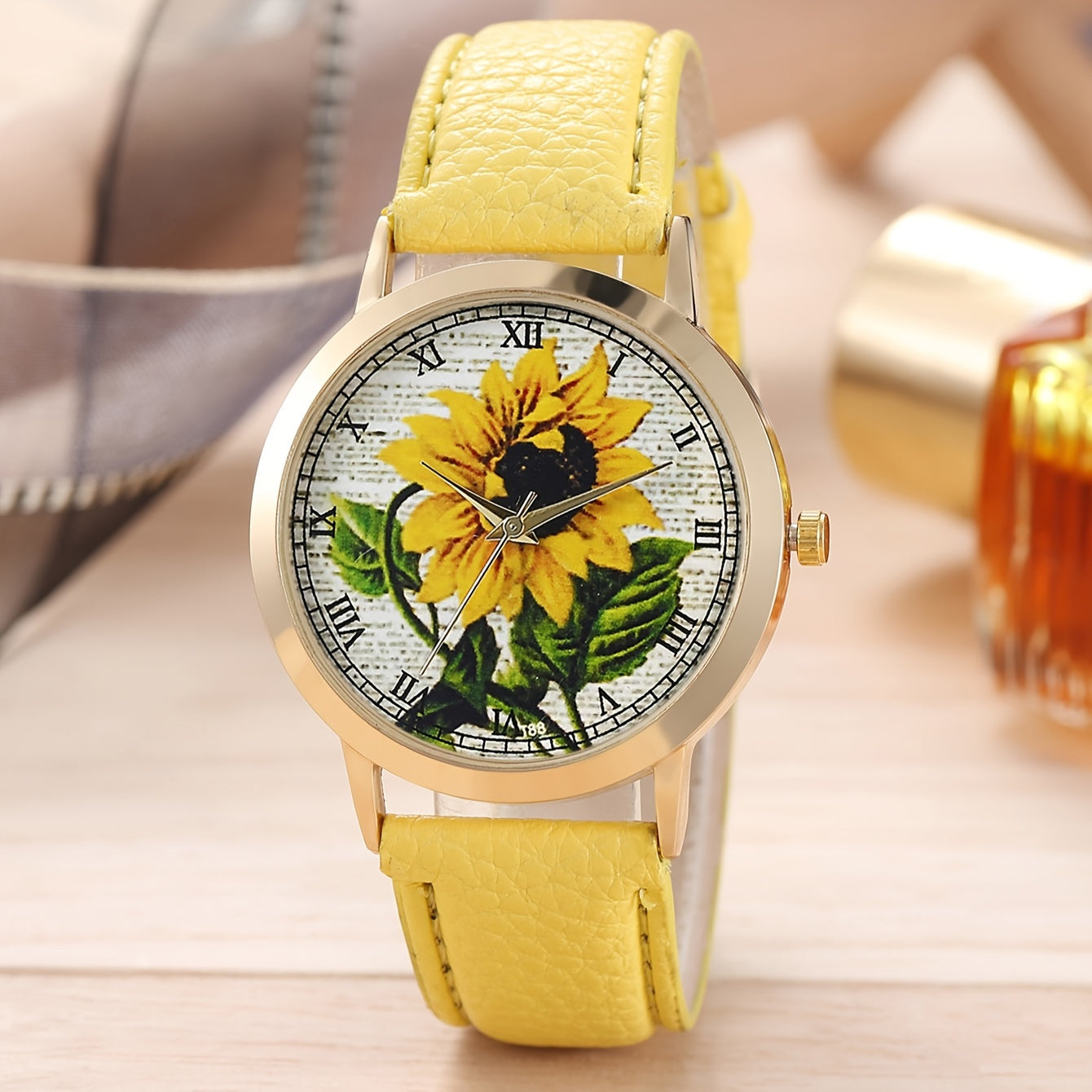 6pcs/set Sunflower Glamour Quartz Watch & Rhinestone Jewelry Set - Stylish Analog PU Leather Wristwatch for Casual Wear, Ideal Gifts for Women and Moms