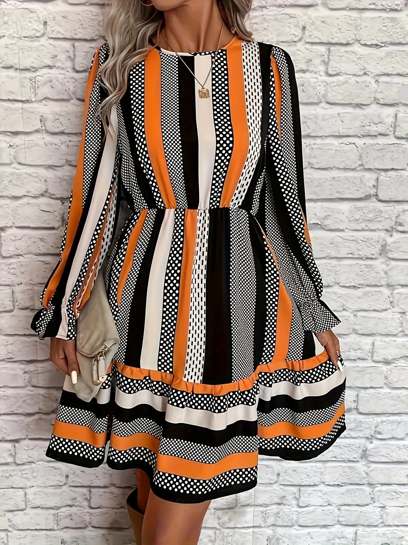 Striped Crew Neck Dress, Elegant Long Sleeve Dress For Spring & Fall, Women's Clothing